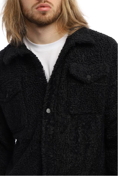 Erkek Oversize Çıt Çıt Kapamalı Cepli Siyah Peluş Ceket - 10