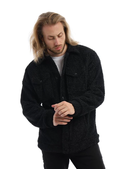 Erkek Oversize Çıt Çıt Kapamalı Cepli Siyah Peluş Ceket - 2