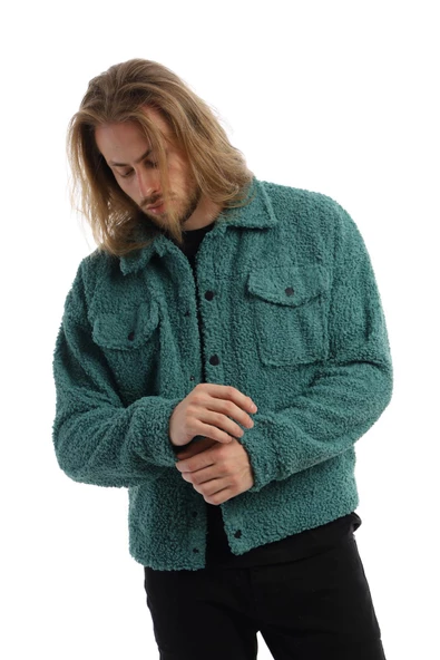 Erkek Oversize Çıt Çıt Kapamalı Cepli Petrol Peluş Ceket - 2