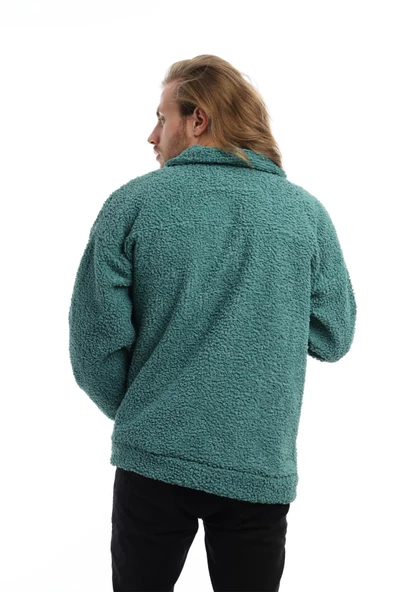 Erkek Oversize Çıt Çıt Kapamalı Cepli Petrol Peluş Ceket - 4