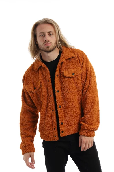 Erkek Oversize Çıt Çıt Kapamalı Cepli Tarçın Peluş Ceket - 3