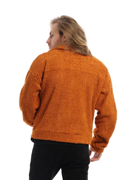 Erkek Oversize Çıt Çıt Kapamalı Cepli Tarçın Peluş Ceket - 5