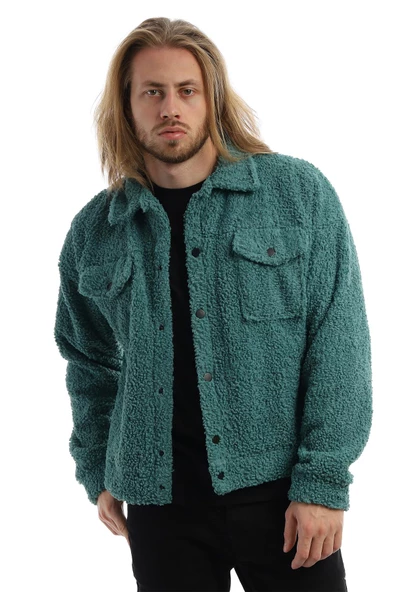 Erkek Oversize Çıt Çıt Kapamalı Cepli Petrol Peluş Ceket - 11