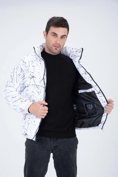 Erkek Reglan Kol Dijital Baskılı Mont Beyaz - 8