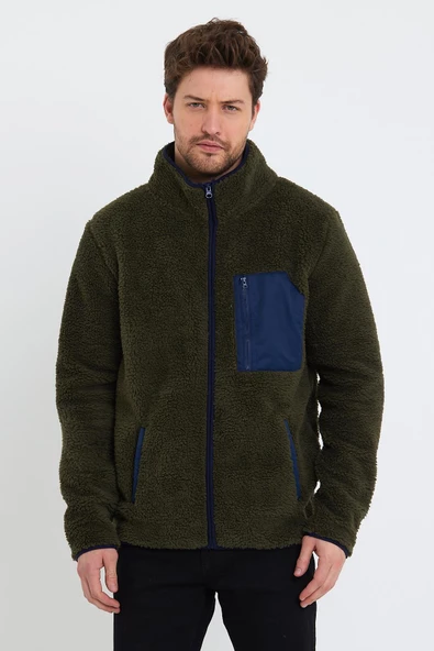 Erkek Dik Yaka Fermuarlı Peluş Ceket Koyu Yeşil - Resim 11