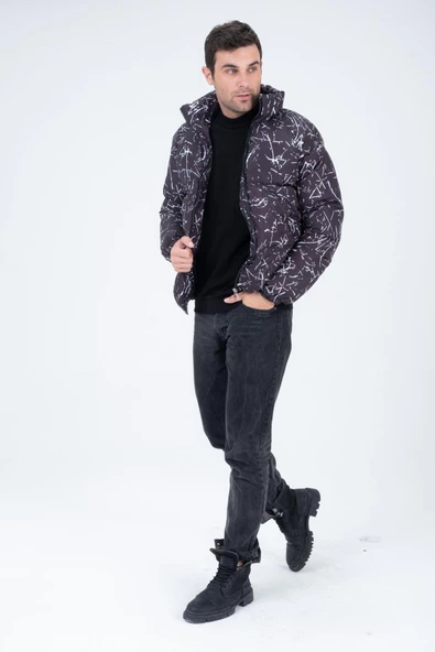 Erkek Reglan Kol Dijital Baskılı Mont Siyah - 4