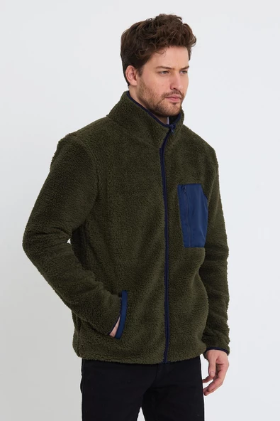 Erkek Dik Yaka Fermuarlı Peluş Ceket Koyu Yeşil - Resim 3
