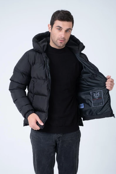 Erkek Kapüşonlu Age Of State Baskılı Şişme Mont Siyah - Resim 5