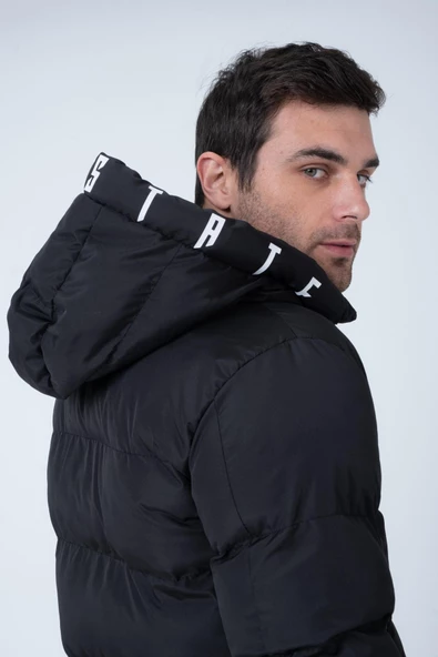 Erkek Kapüşonlu Age Of State Baskılı Şişme Mont Siyah - Resim 2