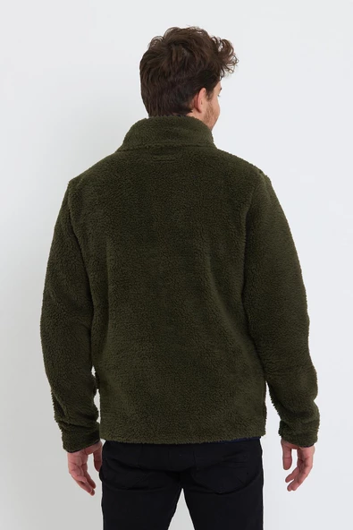 Erkek Dik Yaka Fermuarlı Peluş Ceket Koyu Yeşil - Resim 5