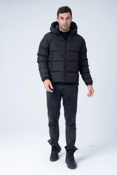 Erkek Kapüşonlu Age Of State Baskılı Şişme Mont Siyah - Resim 11