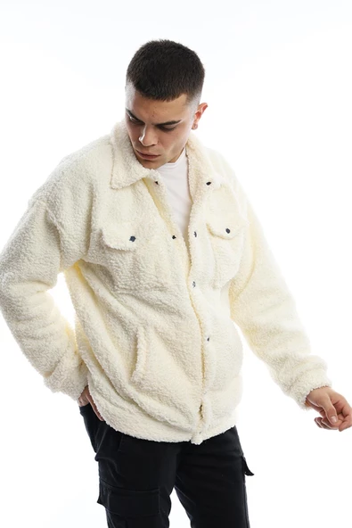 Erkek Oversize Çıt Çıt Kapamalı Cepli Ekru Peluş Ceket - 3