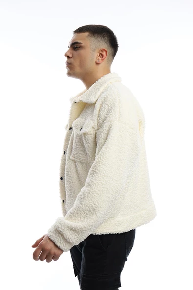 Erkek Oversize Çıt Çıt Kapamalı Cepli Ekru Peluş Ceket - 3