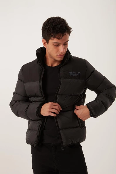 Dik Yaka Regular Fit Erkek Şişme Mont Siyah - 6
