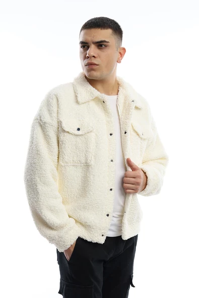 Erkek Oversize Çıt Çıt Kapamalı Cepli Ekru Peluş Ceket - 2