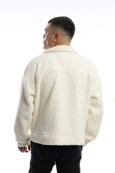 Erkek Oversize Çıt Çıt Kapamalı Cepli Ekru Peluş Ceket - 5
