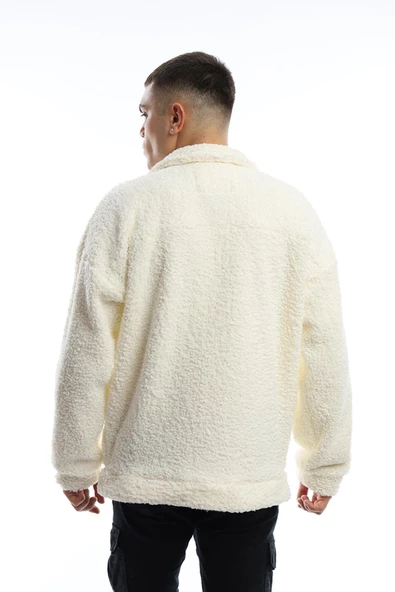 Erkek Oversize Çıt Çıt Kapamalı Cepli Ekru Peluş Ceket - 5
