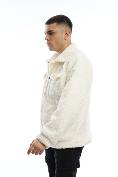 Erkek Oversize Çıt Çıt Kapamalı Cepli Ekru Peluş Ceket - 4