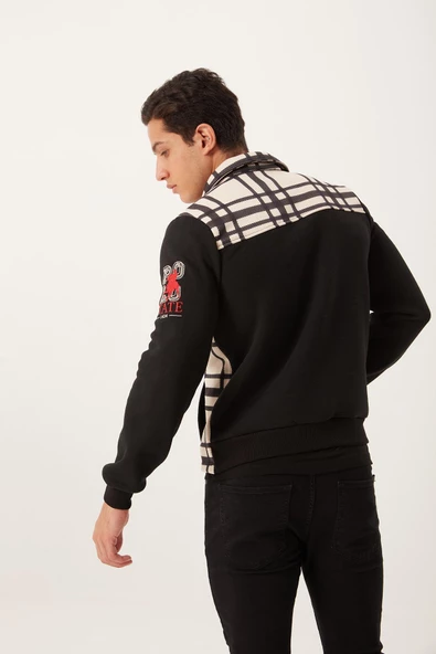 Erkek 3 İplik Pamuklu İçi Polarlı Regular Fit Kol Nakışlı Fermuarlı Dik Yaka Sweatshirt - 4