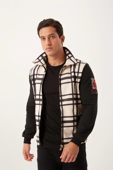 Erkek 3 İplik Pamuklu İçi Polarlı Regular Fit Kol Nakışlı Fermuarlı Dik Yaka Sweatshirt - 5