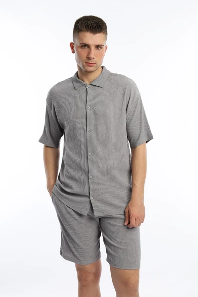 Erkek Crinkle Kumaş Gömlek / Şort Takım Gri - 2
