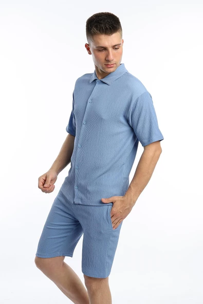 Erkek Crinkle Kumaş Gömlek / Şort Takım Mavi - 2