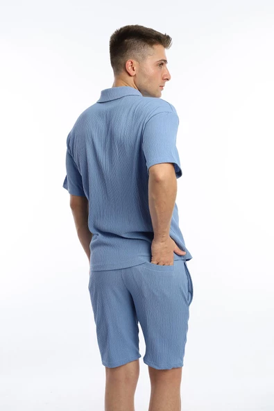 Erkek Crinkle Kumaş Gömlek / Şort Takım Mavi - 4