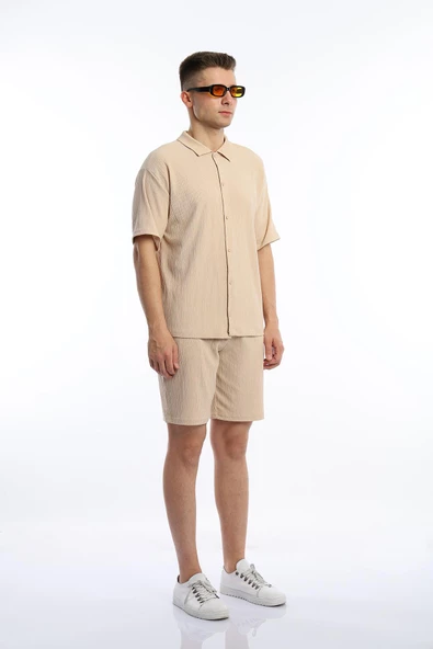 Erkek Crinkle Kumaş Gömlek / Şort Takım Bej - 3
