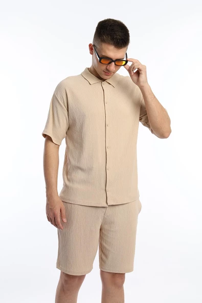 Erkek Crinkle Kumaş Gömlek / Şort Takım Bej - 2