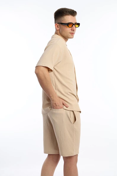 Erkek Crinkle Kumaş Gömlek / Şort Takım Bej - 4