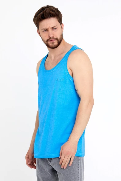 Erkek Neon Yağ Yıkamalı Nakışlı Atlet Mavi - 9
