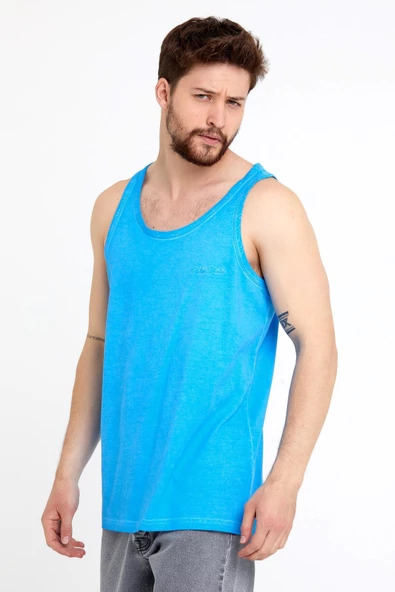 Erkek Neon Yağ Yıkamalı Nakışlı Atlet Mavi - 11