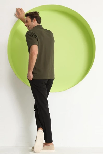 Erkek Fermuar Detaylı Polo Yaka T-Shirt Haki - 8