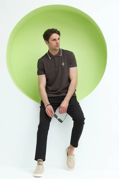 Erkek Polo Yaka Regular Fit T-Shirt Kahverengi - Resim 7