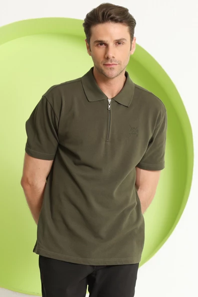 Erkek Fermuar Detaylı Polo Yaka T-Shirt Haki