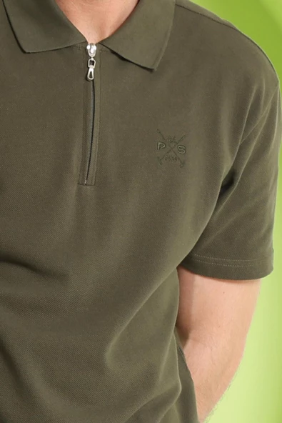 Erkek Fermuar Detaylı Polo Yaka T-Shirt Haki - 10