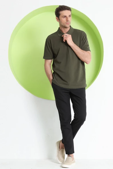 Erkek Fermuar Detaylı Polo Yaka T-Shirt Haki - 11