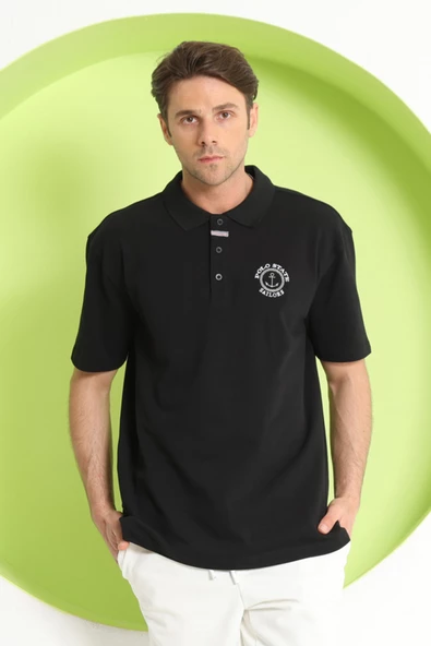 Erkek Relaxed Polo Yaka T-Shirt Siyah - 4
