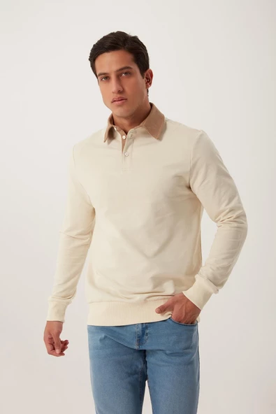 Erkek 2 İplik Pamuklu Regular Fit Polo Sweat Ekru Gömlek - 7