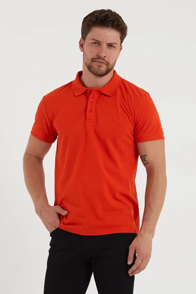 Erkek Regular Fit Polo Yaka Nakışlı T-shirt  Turuncu