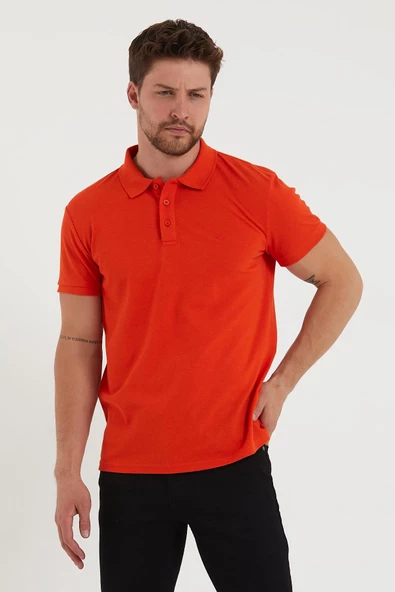 Erkek Regular Fit Polo Yaka Nakışlı T-shirt  Turuncu - 2