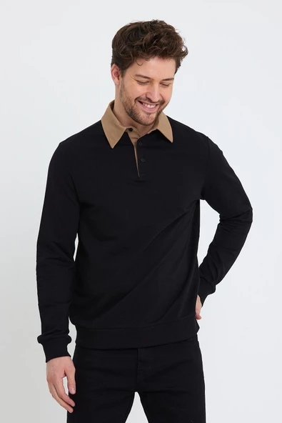 Erkek 2 İplik Pamuklu Regular Fit Polo Sweat Siyah Gömlek - 2