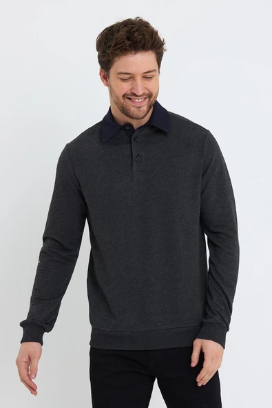 Erkek 2 İplik Pamuklu Regular Fit Polo Sweat Antrasit Gömlek - 7