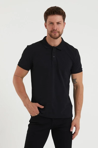 Erkek Regular Fit Polo Yaka Nakışlı T-shirt  Siyah