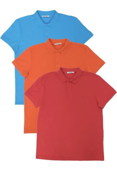 Erkek Regular Fit Polo Yaka 3lü T-shirt Turuncu-Mavi-Kırmızı - 5
