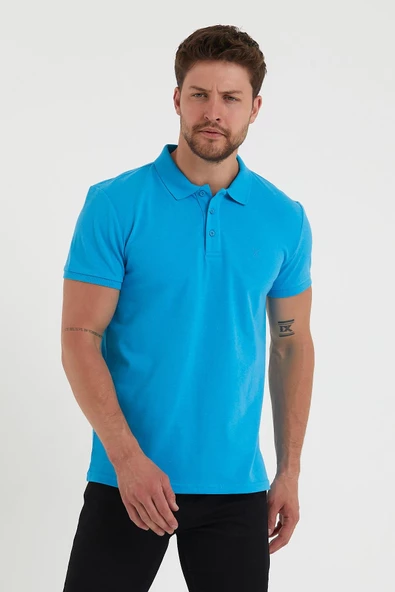 Erkek Regular Fİt Polo Yaka Nakışlı T-shirt  Mavi