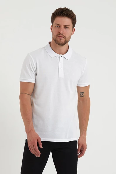 Erkek Regular Fit Polo Yaka Nakışlı T-shirt  Beyaz