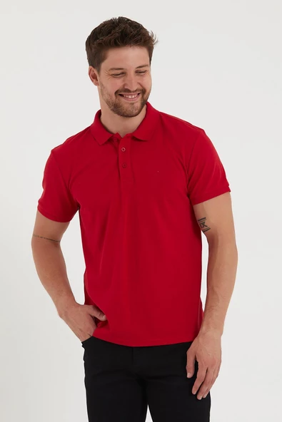 Erkek Regular Fit Polo Yaka Nakışlı T-shirt  Kırmızı - 2