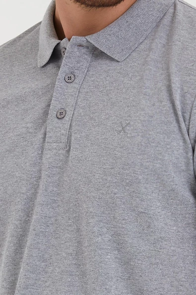 Erkek Regular Fit Polo Yaka Nakışlı T-shirt  Gri Melanj - 4