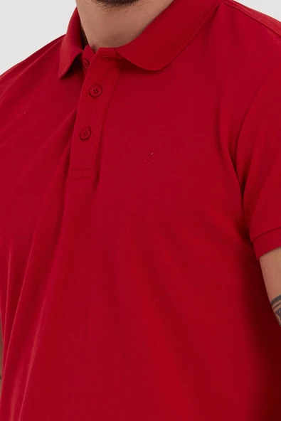 Erkek Regular Fit Polo Yaka Nakışlı T-shirt  Kırmızı - 4